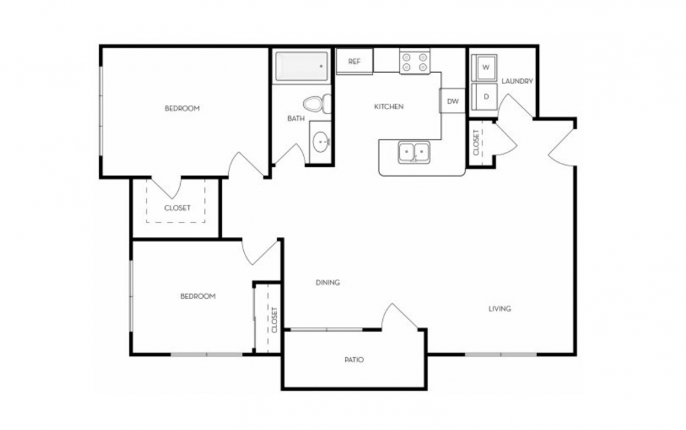 Lemhi - 2 bedroom floorplan layout with 1 bath and 1012 to 1077 square feet.