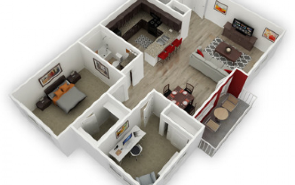 Lemhi - 2 bedroom floorplan layout with 1 bath and 1012 to 1077 square feet.