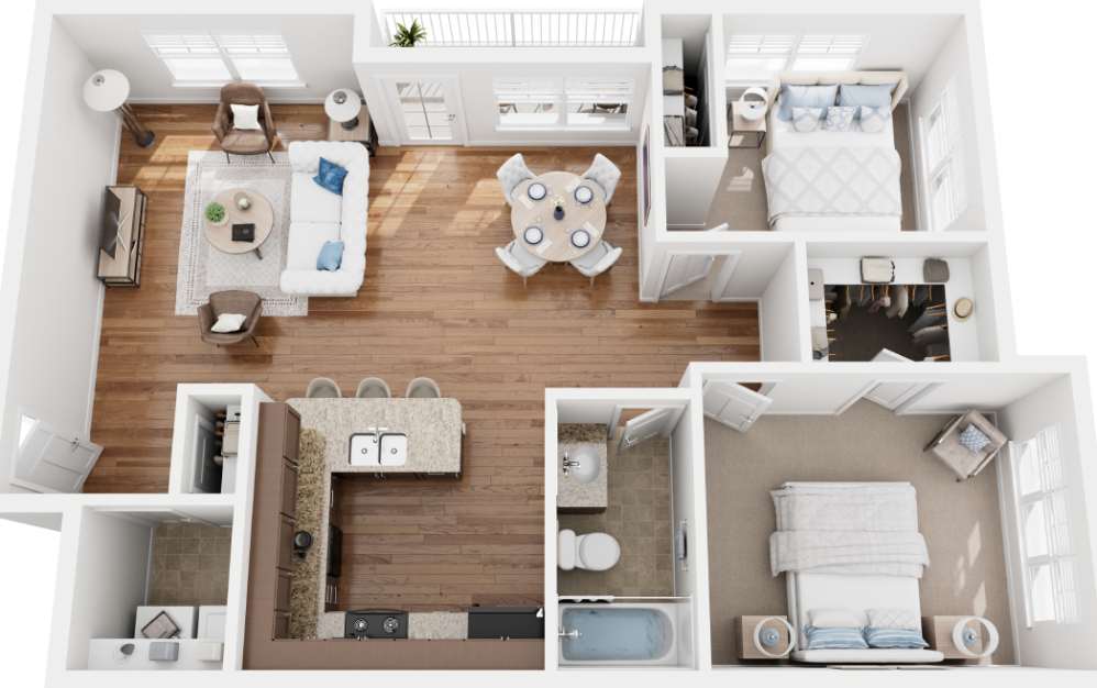 Lemhi - 2 bedroom floorplan layout with 1 bathroom and 1012 - 1077 square feet