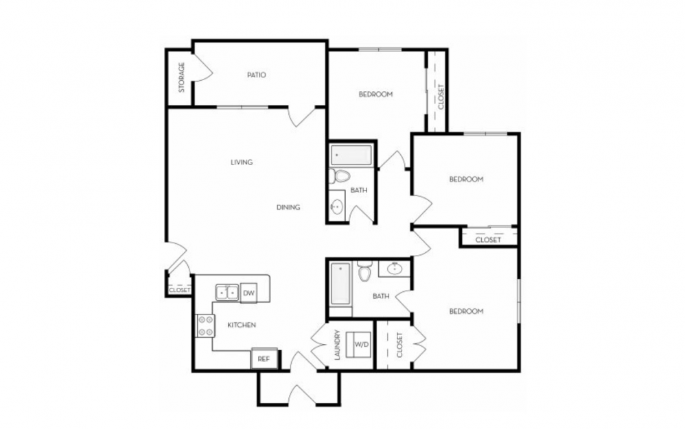 Trinity - 3 bedroom floorplan layout with 2 baths and 1301 to 1311 square feet.